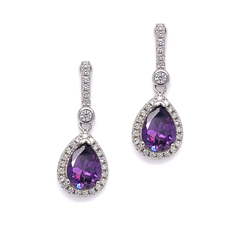 Silver Purple & White CZ Tear Drop Earrings