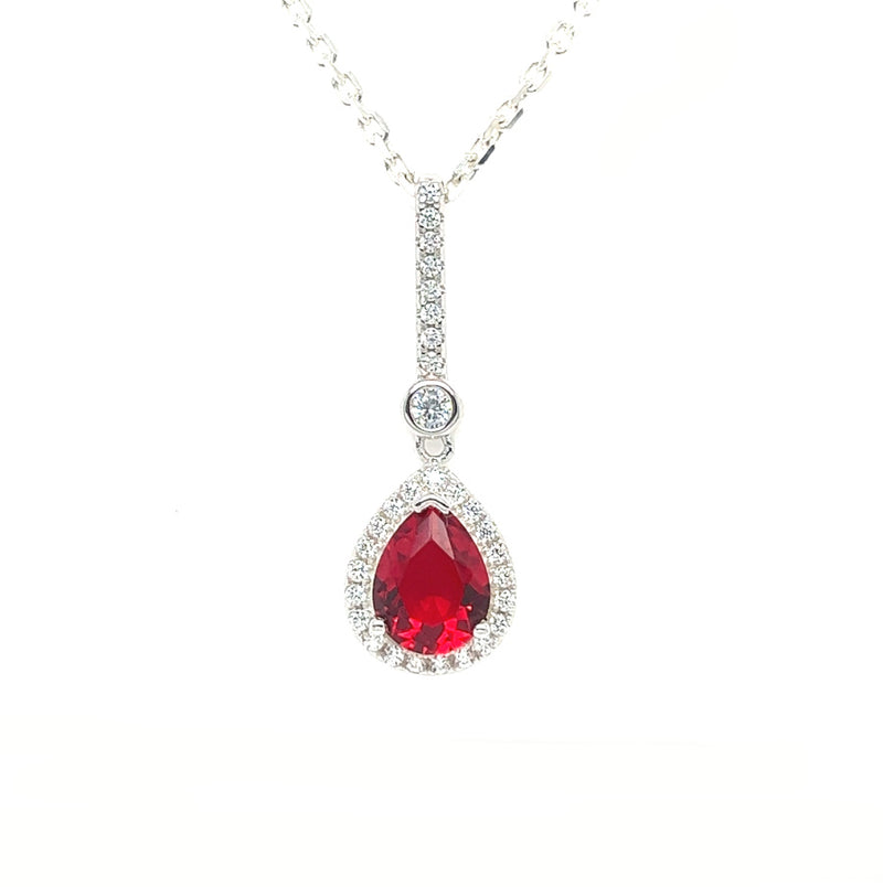 Silver Red & White CZ Tear Drop Necklace
