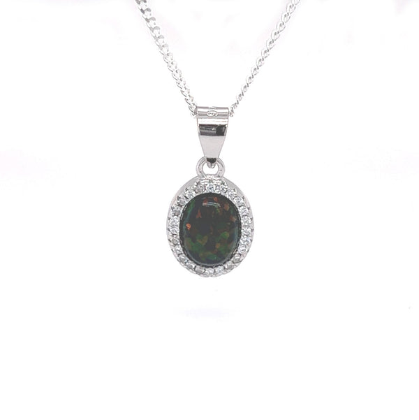 Sterling Silver CZ Oval Halo Cultured Black Opal Pendant