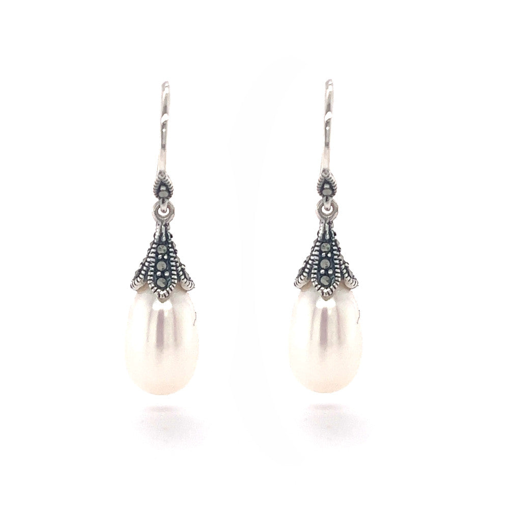 Silver Marcasite & Pearl Drop Earrings