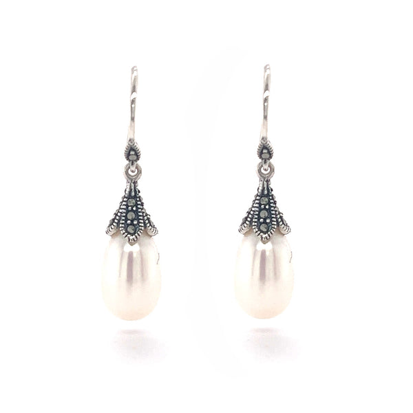 Silver Marcasite & Pearl Drop Earrings