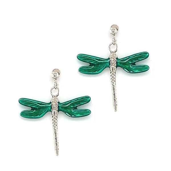 Silver Green Enamel Dragonfly Drop Earrings