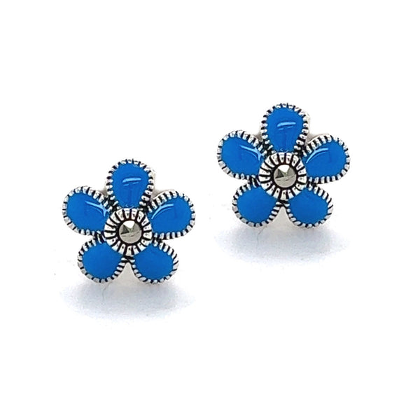 Silver Blue Enamel Flower Stud Earrings