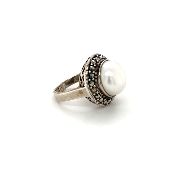 Silver Marcasite & Pearl Ring side