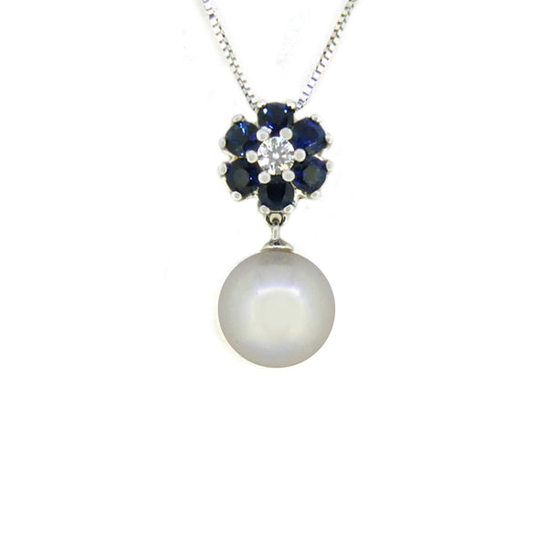 9ct White Gold Sapphire, Pearl & Diamond Necklace