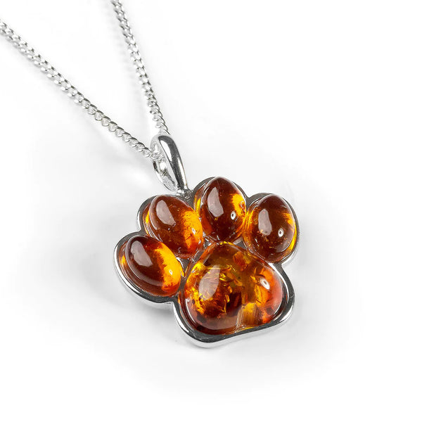 Henryka Paw Print Necklace in Silver and Amber