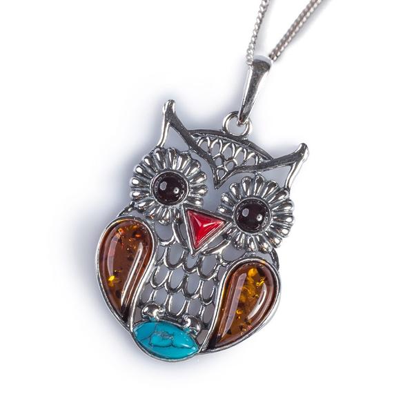 Henryka Feathered Owl Necklace in Silver, Turquoise and Amber