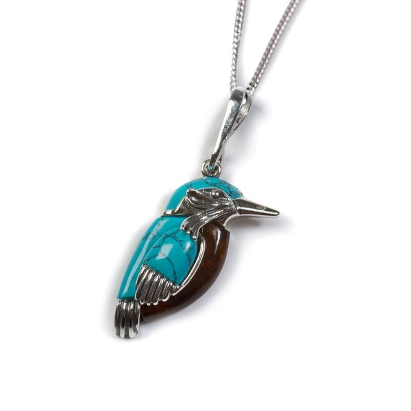 Henryka Small Kingfisher Bird Necklace in Silver, Turquoise and Amber