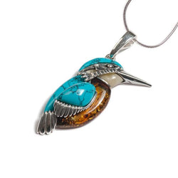 Henryka Large Kingfisher Bird Necklace in Silver, Turquoise and Amber