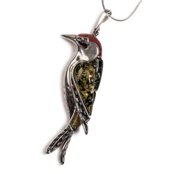 Henryka Large Woodpecker Bird Necklace in Silver, Coral and Amber