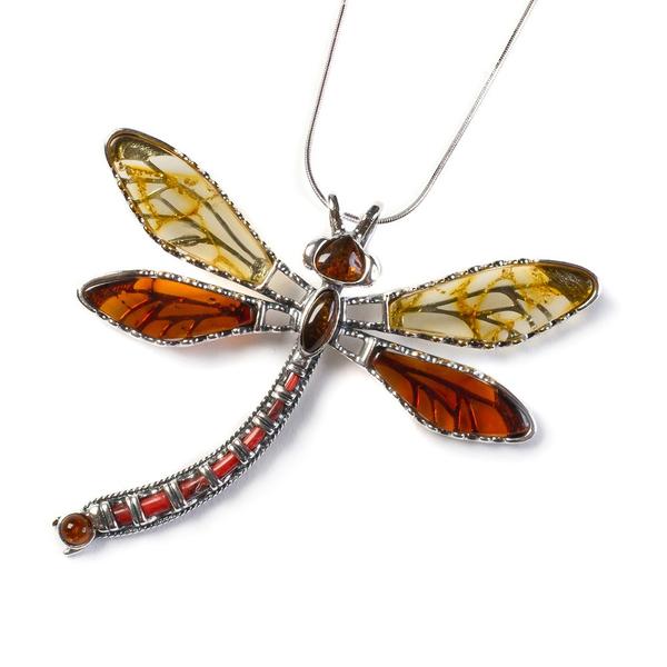 Henryka Exotic Dragonfly Necklace in Silver and Amber