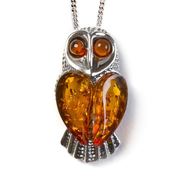 Henryka Barn Owl Necklace in Silver and Amber