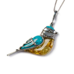 Henryka Blue Tit Bird Necklace in Silver, Turquoise and Amber