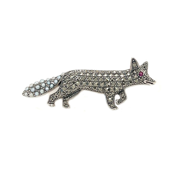 Fox Brooch Silver, Marcasite, Pearl & Ruby