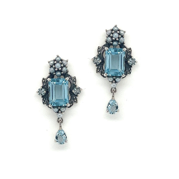 Silver Blue Topaz, Marcasite & Pearl Drop Earrings