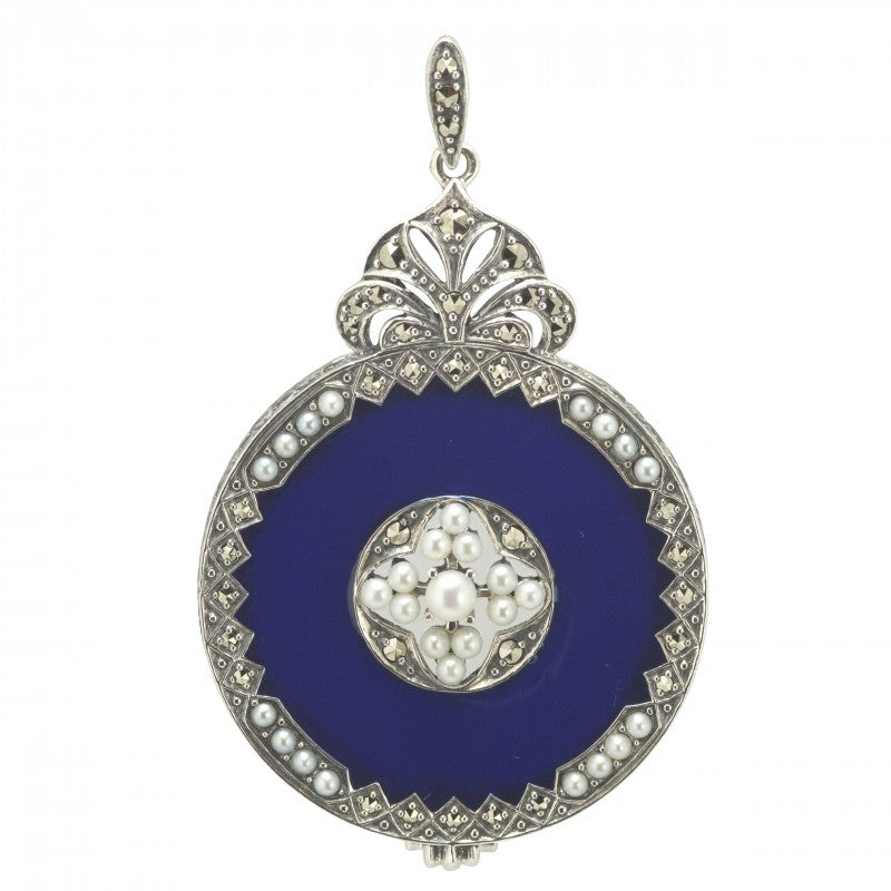 Silver Marcasite, Enamel & Pearl Magnifier Pendant