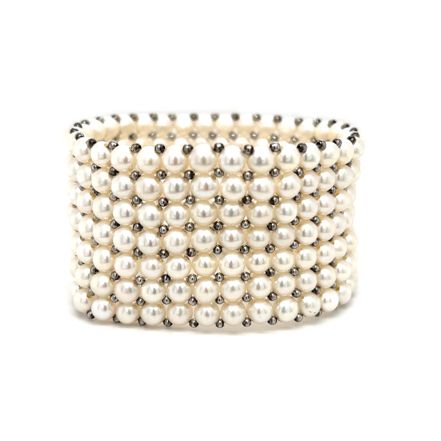 7 Row Fresh Water Pearl & Silver Cuff Bangle