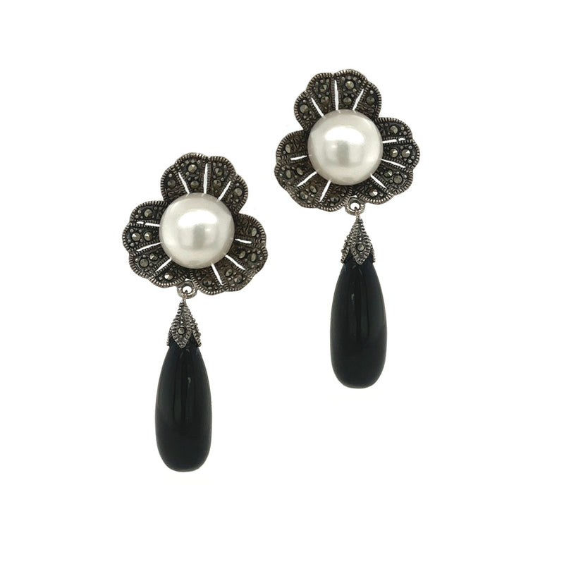 Silver Marcasite Pearl & Onyx Flower Drop Earrings