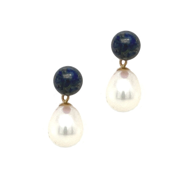 Fresh Water Cultured Pearl & Lapis Drop Earring 9ct Gold
