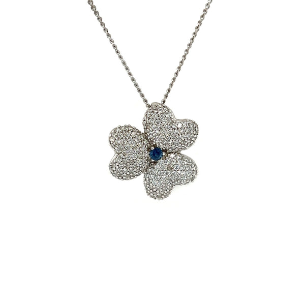 Silver Sapphire & Pave CZ Flower Necklace