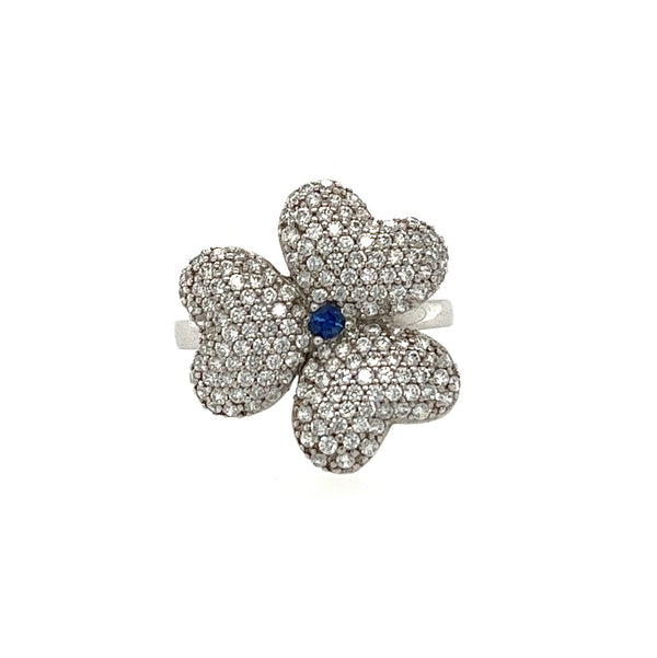 Silver Sapphire & Pave CZ Flower Ring