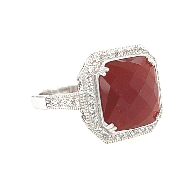Silver Red Agate & White Topaz Cushion Ring side