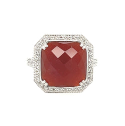 Silver Red Agate & White Topaz Cushion Ring