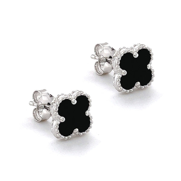Silver Black Agate Clover Stud Earring