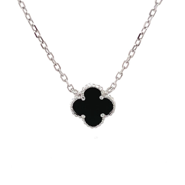 Silver Black Agate Clover Necklace