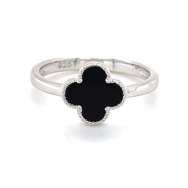 Silver Black Agate Clover Ring