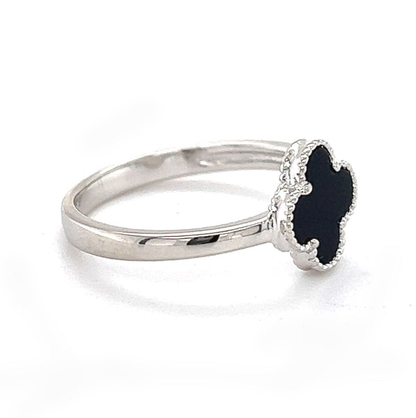 Silver Black Agate Clover Ring side