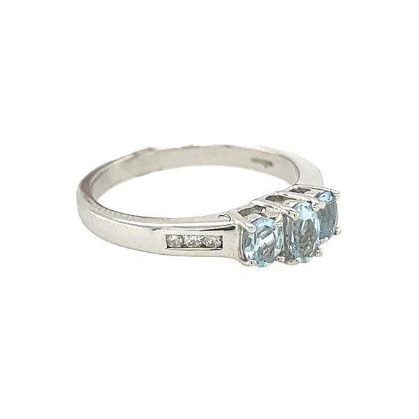 Aquamarine & Diamond 3 Stone Ring Diamond Shoulders 9ct White Gold