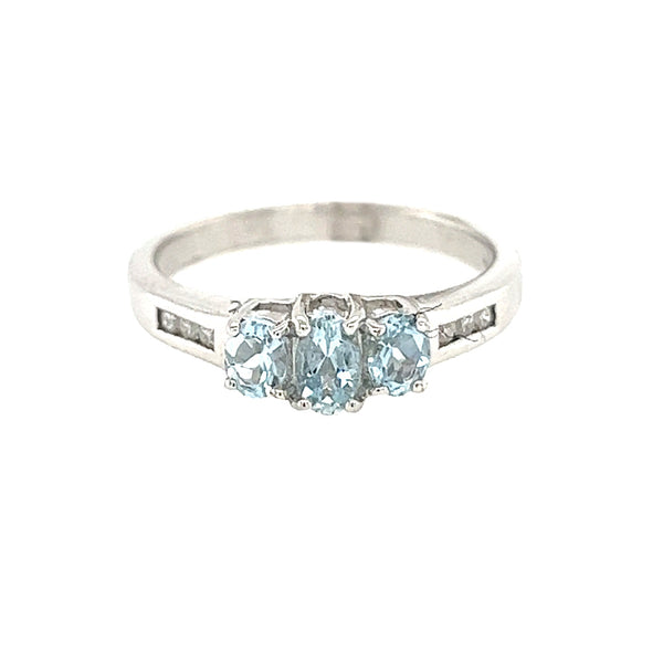 Aquamarine & Diamond 3 Stone Ring Diamond Shoulders 9ct White Gold