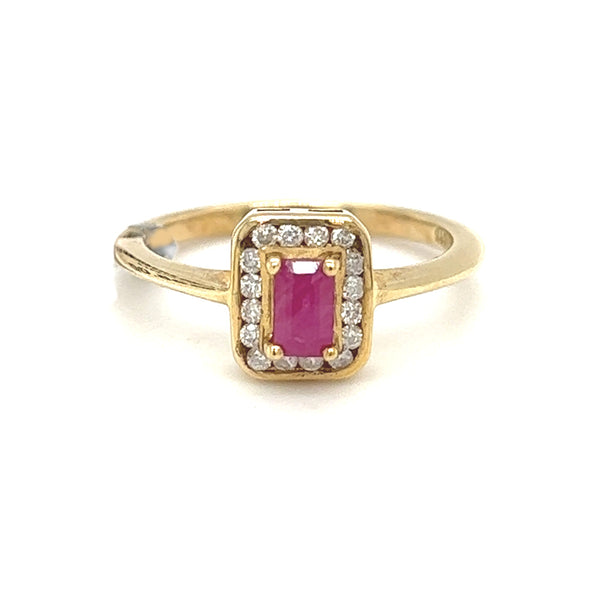 Ruby & Diamond Oblong Cluster Ring 9ct Gold