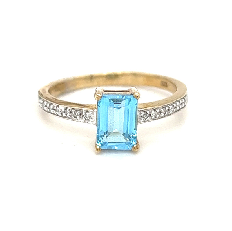 Rectangular Blue Topaz & Diamond Ring 9ct Gold