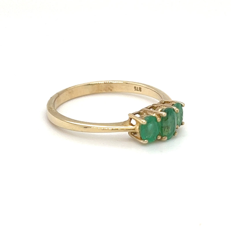 Emerald 3 Stone Ring 9ct Yellow Gold side