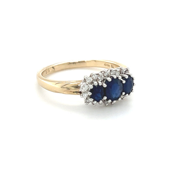 Sapphire & Diamond 3 Stone Cluster Ring 9ct Gold SIDE