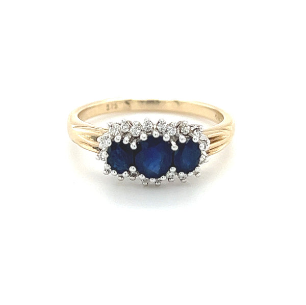Sapphire & Diamond 3 Stone Cluster Ring 9ct Gold