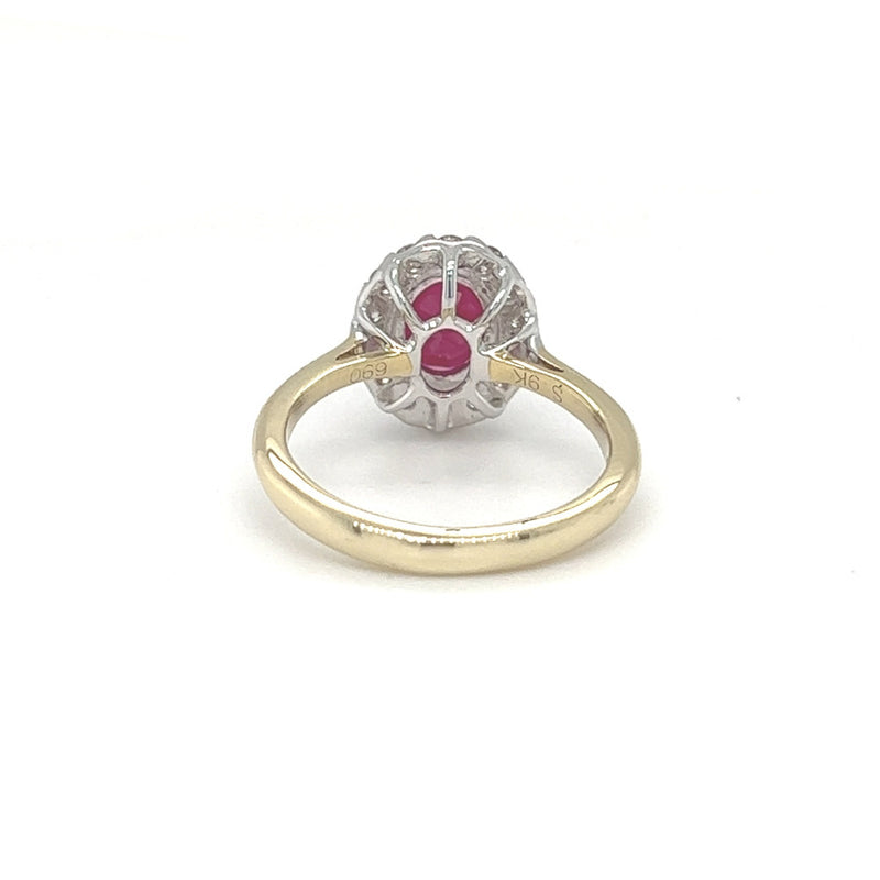 Ruby & Diamond Oval Cluster Ring 9ct Gold back