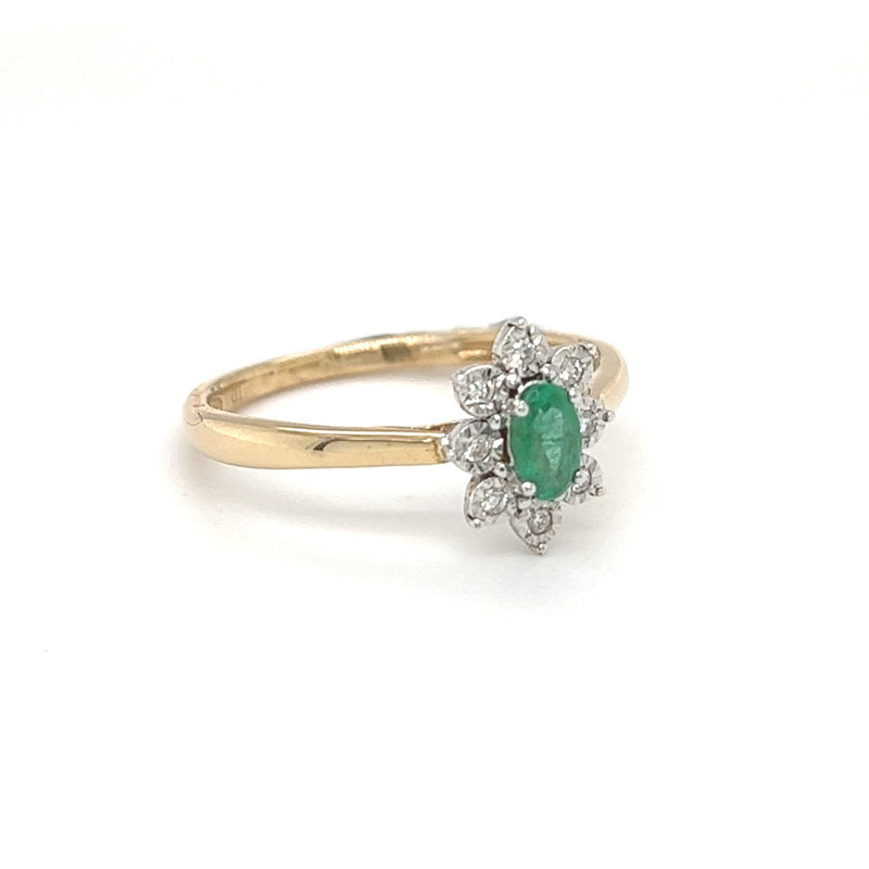 Emerald & Diamond Oval Illusion Set Cluster Ring 9ct Gold