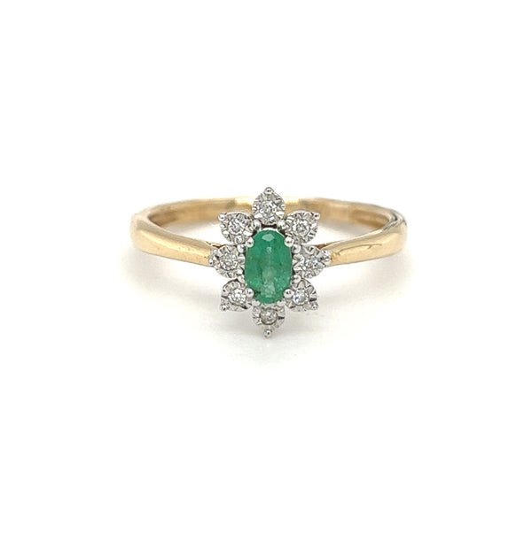 Emerald & Diamond Oval Illusion Set Cluster Ring 9ct Gold front