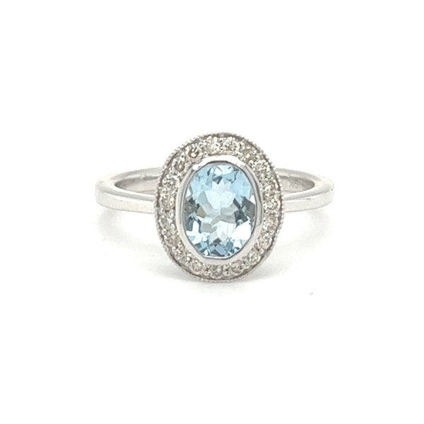 Aquamarine & Diamond Oval Cluster Ring 9ct White Gold