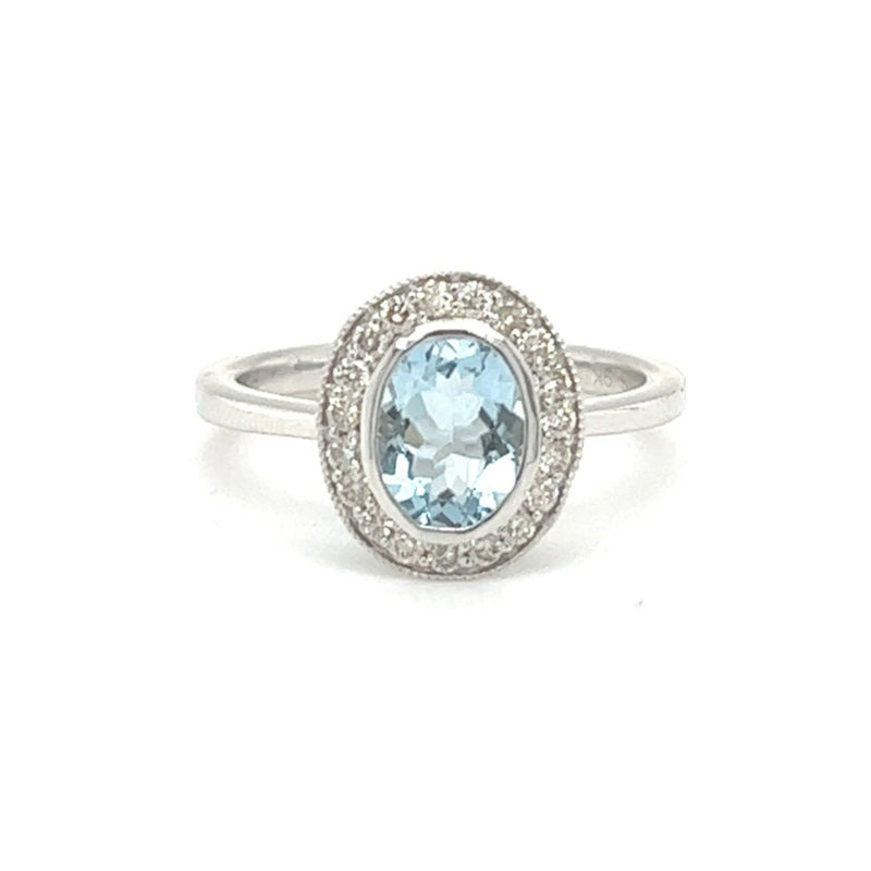 Aquamarine & Diamond Oval Cluster Ring 9ct White Gold