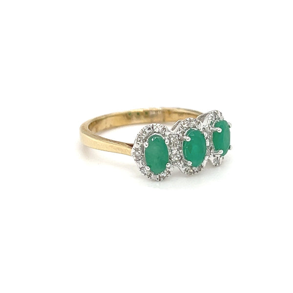 Emerald & Diamond Triple Cluster Ring 9ct Yellow Gold