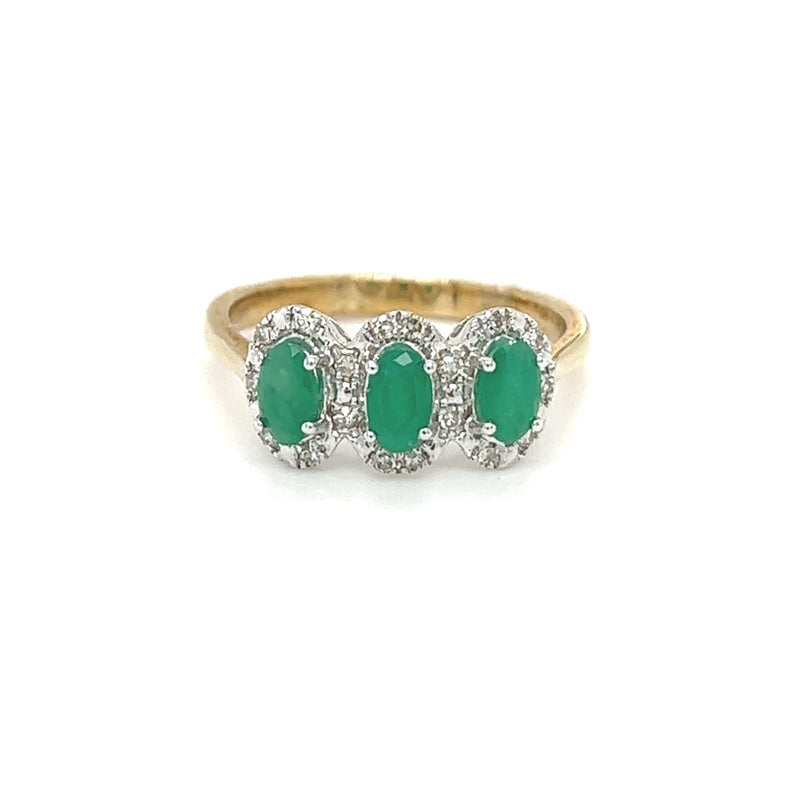 Emerald & Diamond Triple Cluster Ring 9ct Yellow Gold front
