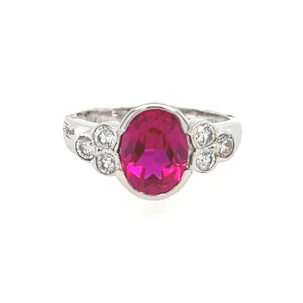 Silver CZ Vintage Style Oval Rubover Red Ring