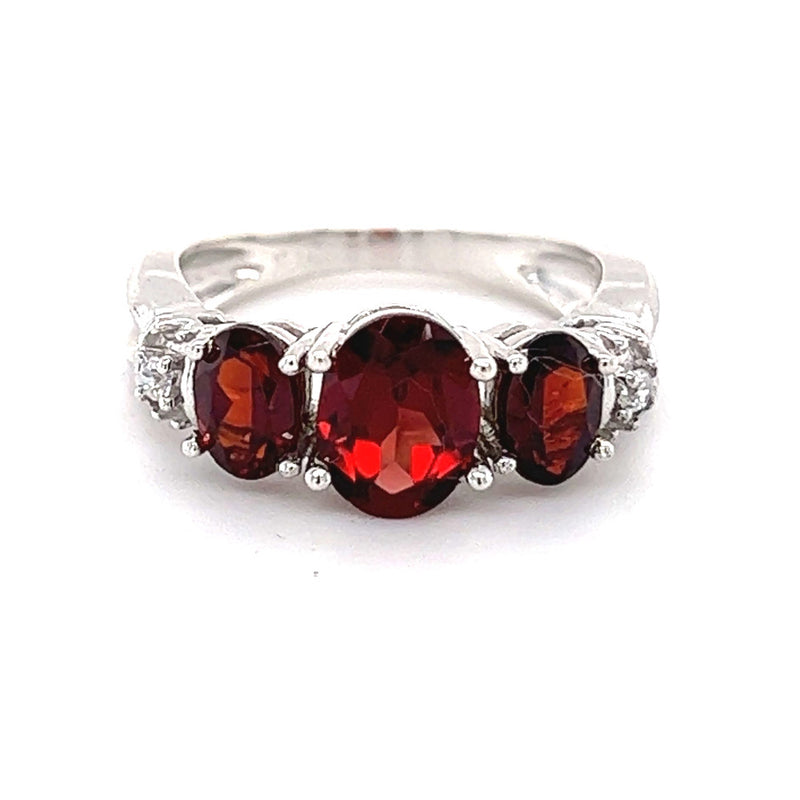 Sterling Silver 3 Stone Garnet & Cubic Zirconia Ring