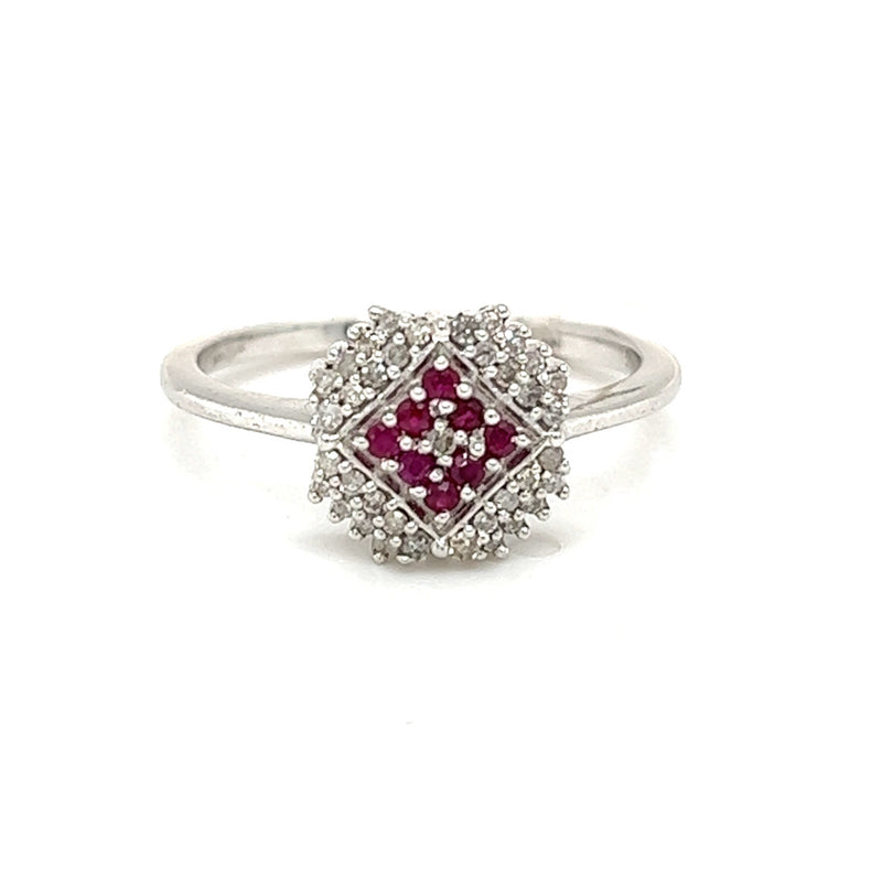 Ruby & Diamond Square Cluster Ring 9ct White Gold