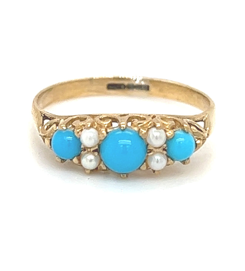 Pre Owned Turquoise & Seed Pearl Ring 9ct Gold
