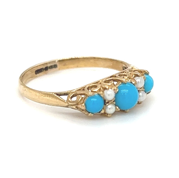 Pre Owned Turquoise & Seed Pearl Ring 9ct Gold side